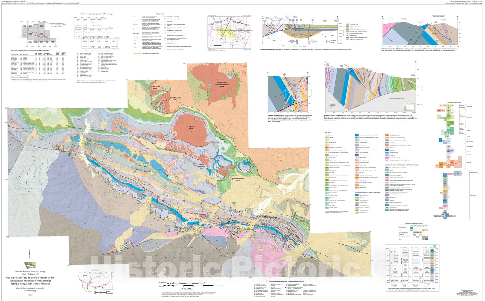 Map : Geologic map of the Stillwater complex within the Beartooth mountains front laramide triangle zone, south-central Montana, 2013 Cartography Wall Art :