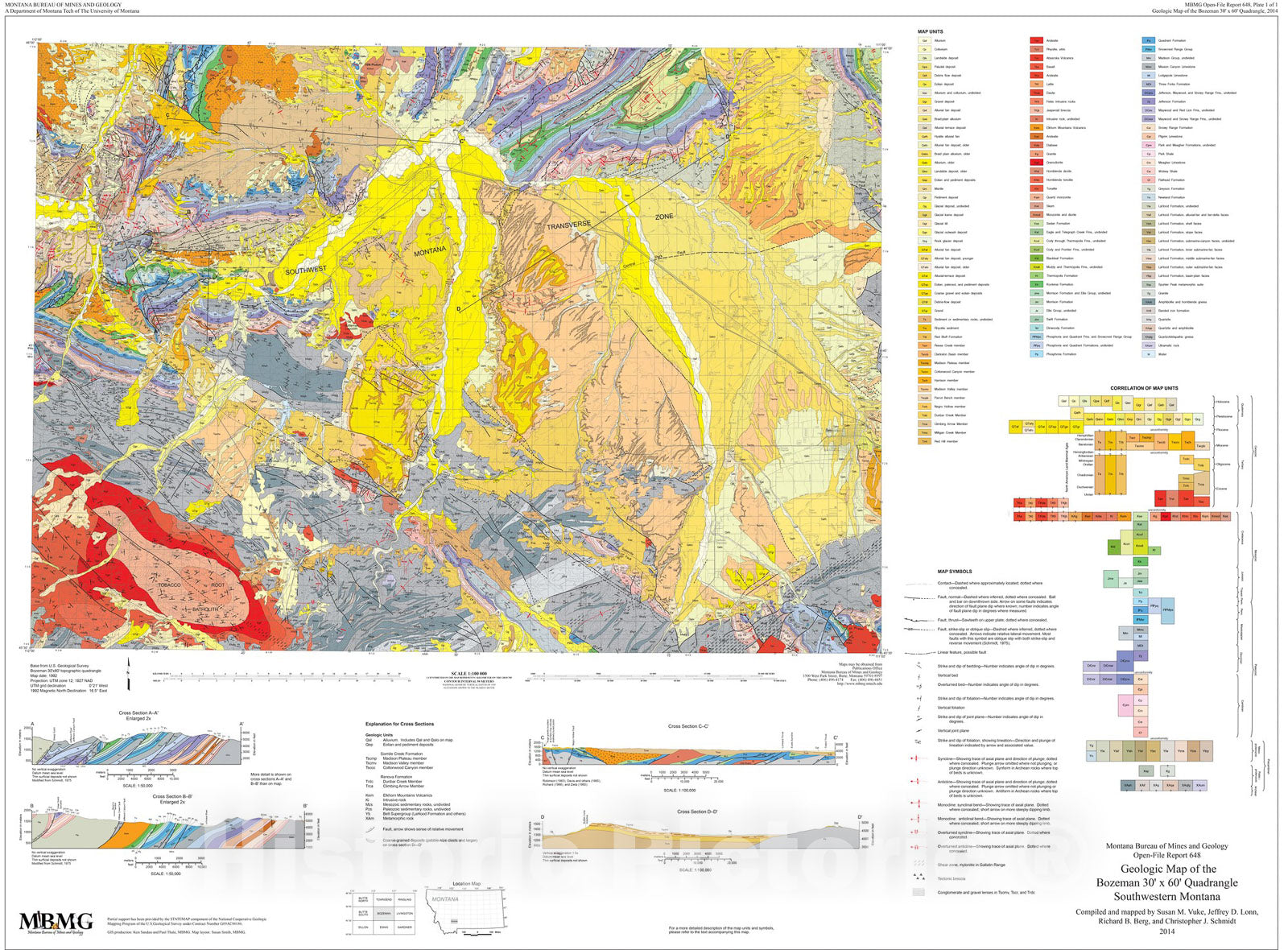 Map : Geologic map of the Bozeman 30' x 60' quadrangle, southwestern Montana, 2014 Cartography Wall Art :