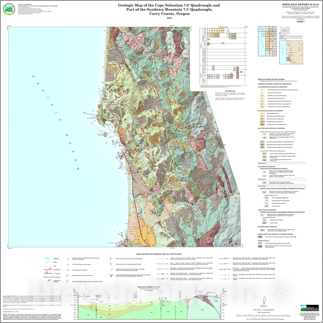 Map : Geologic map of the southwestern Oregon coast between Crook Point and Port Orford, Curry County, Oregon, 2013 Cartography Wall Art :