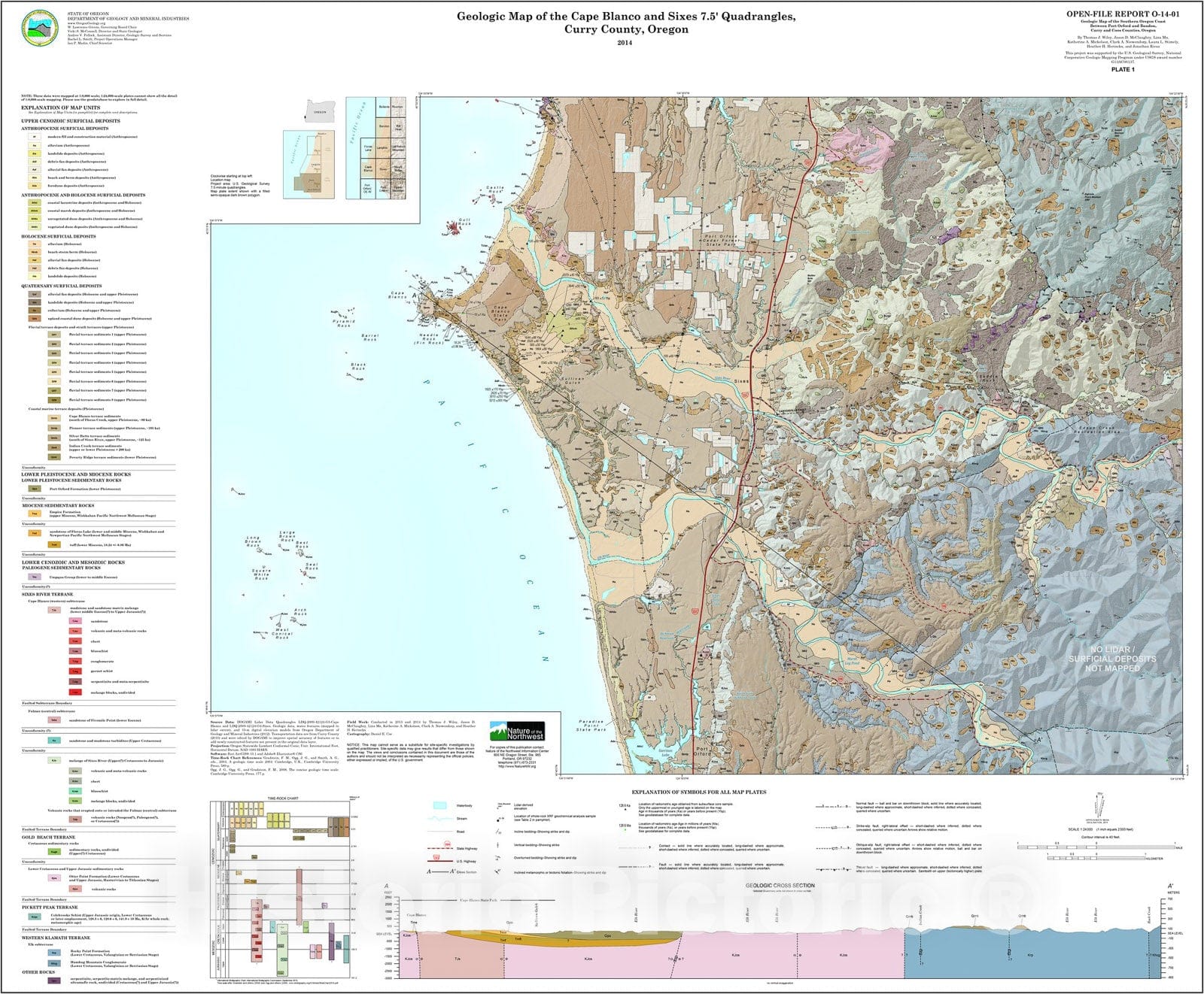 Map : Geologic map of the southern Oregon coast between Port Orford and Bandon, Curry and Coos Counties, Oregon, 2014 Cartography Wall Art :