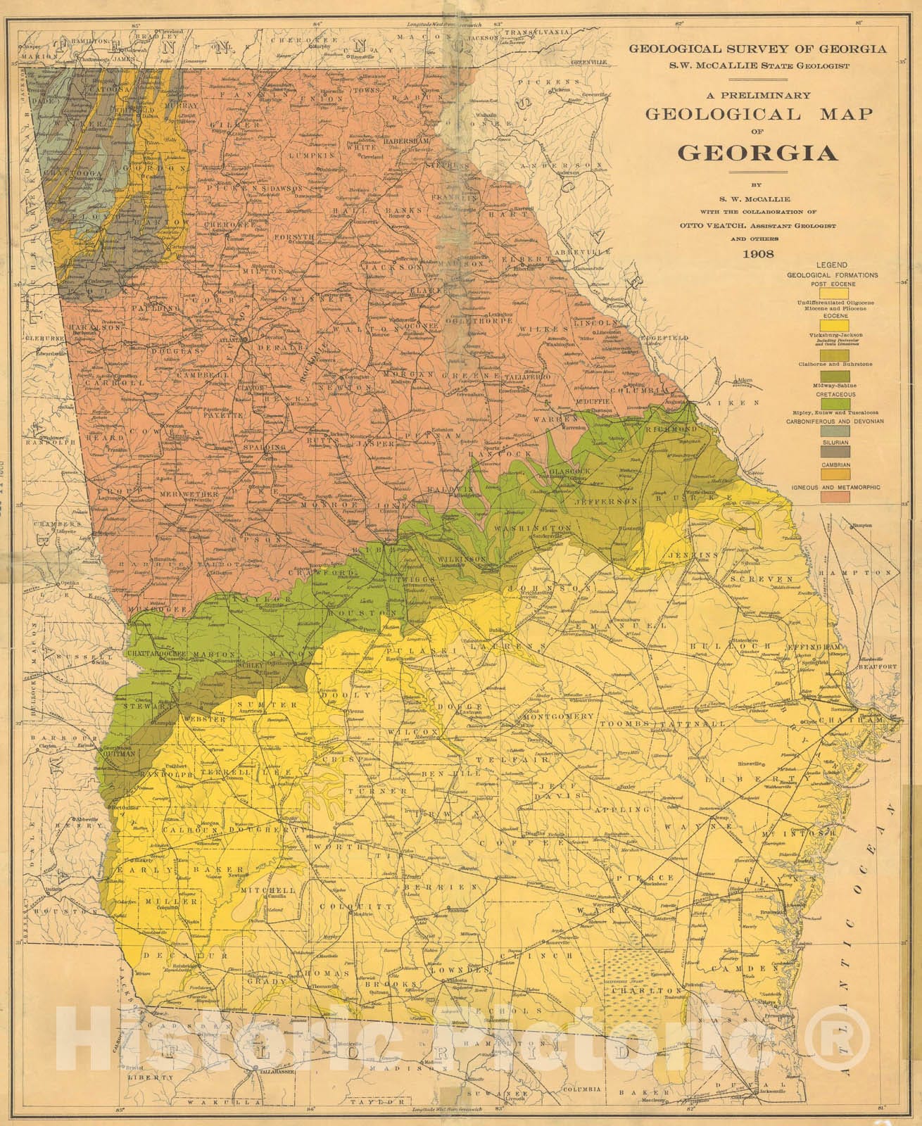 Map : A preliminary geological map of Georgia, 1908 Cartography Wall Art :