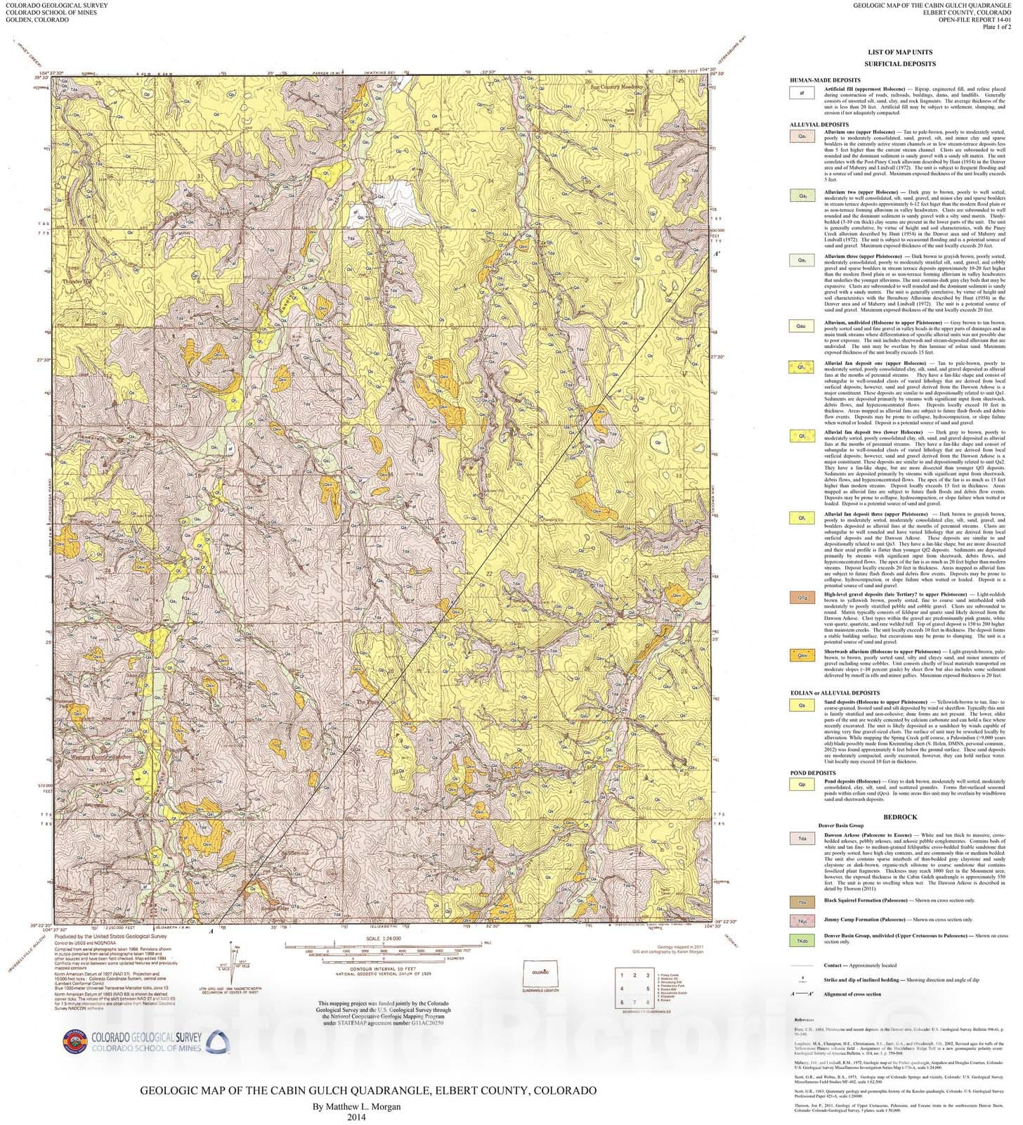 Map : Geologic Map of the Cabin Gulch quadrangle, Elbert County, Colorado, 2014 Cartography Wall Art :