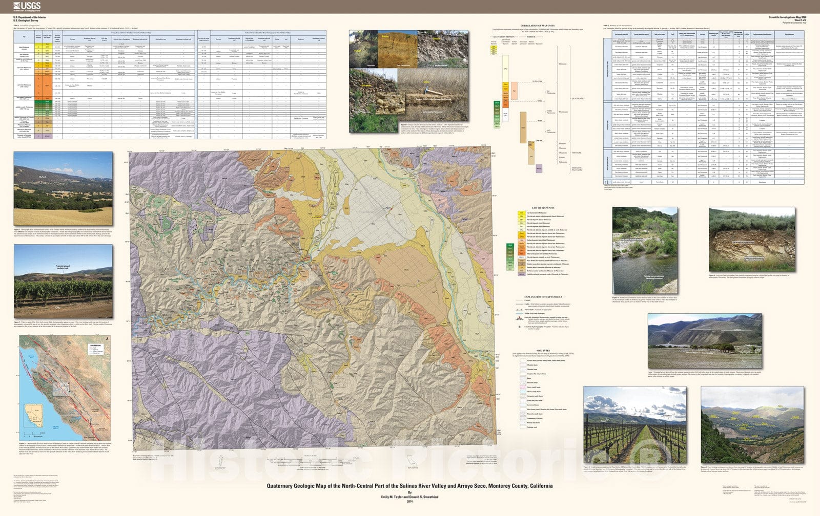 Map : Quaternary geologic map of the north-central part of the Salinas River Valley and Arroyo Seco, Monterey County, California, 2014 Cartography Wall Art :