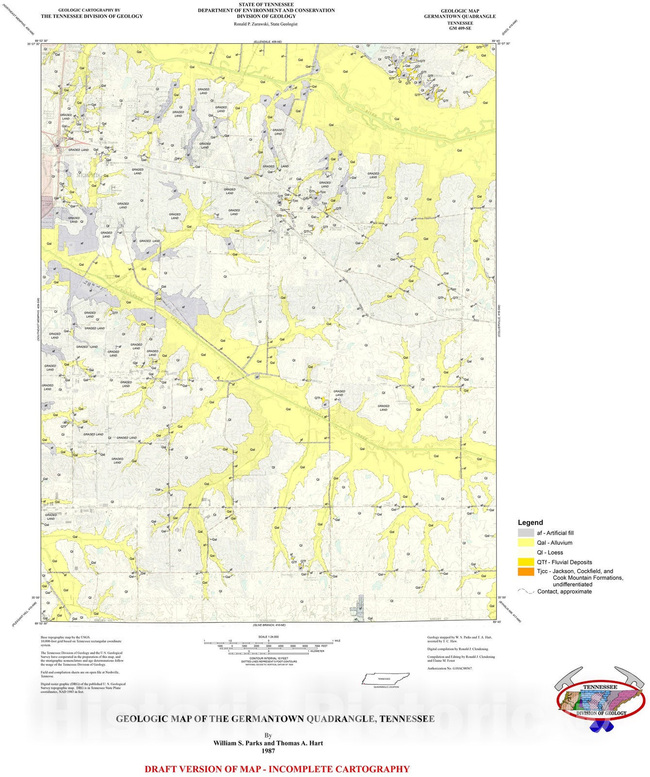 Map : Geologic map of the Germantown quadrangle, Tennessee, 1987 Cartography Wall Art :