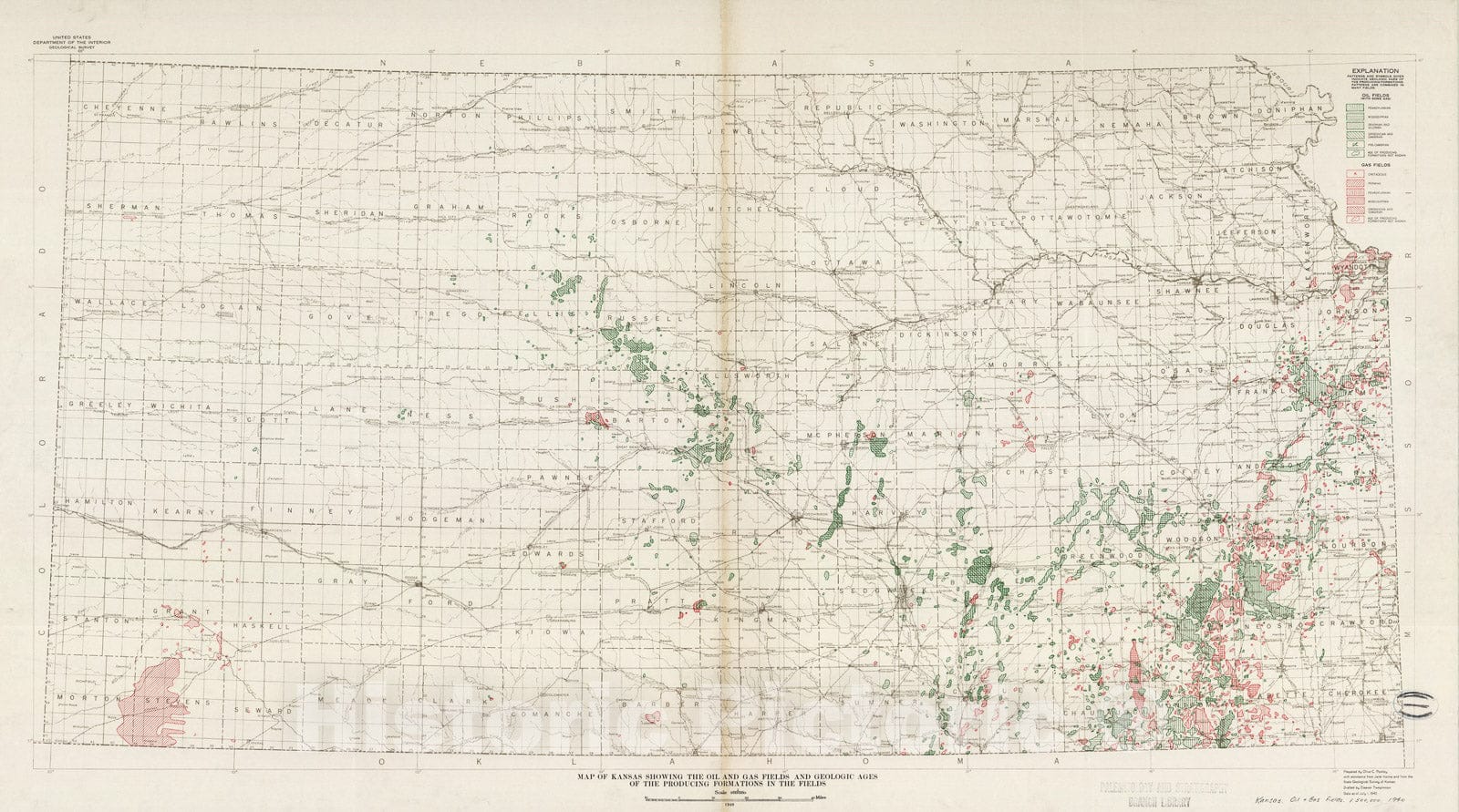 Map : Map of Kansas showing the oil and gas fields and geologic ages of the producing formations in the fields, 1940 Cartography Wall Art :