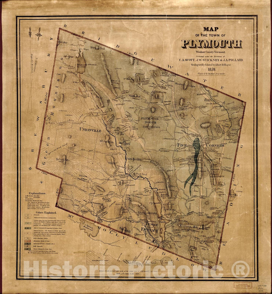 Map : Geological map of Plymouth [southwestern Vermont], 1861 Cartography Wall Art :