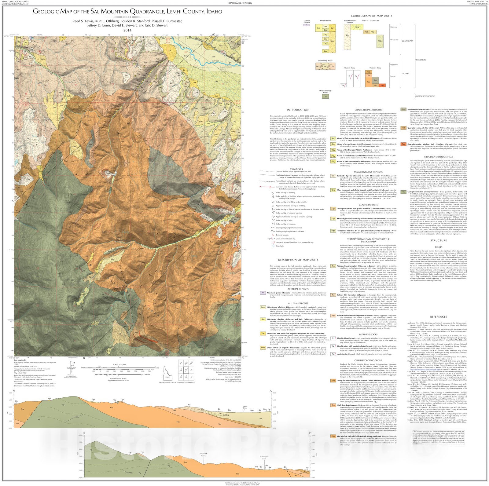 Map : Geologic Map of the Sal Mountain Quadrangle, Lemhi County, Idaho, 2014 Cartography Wall Art :