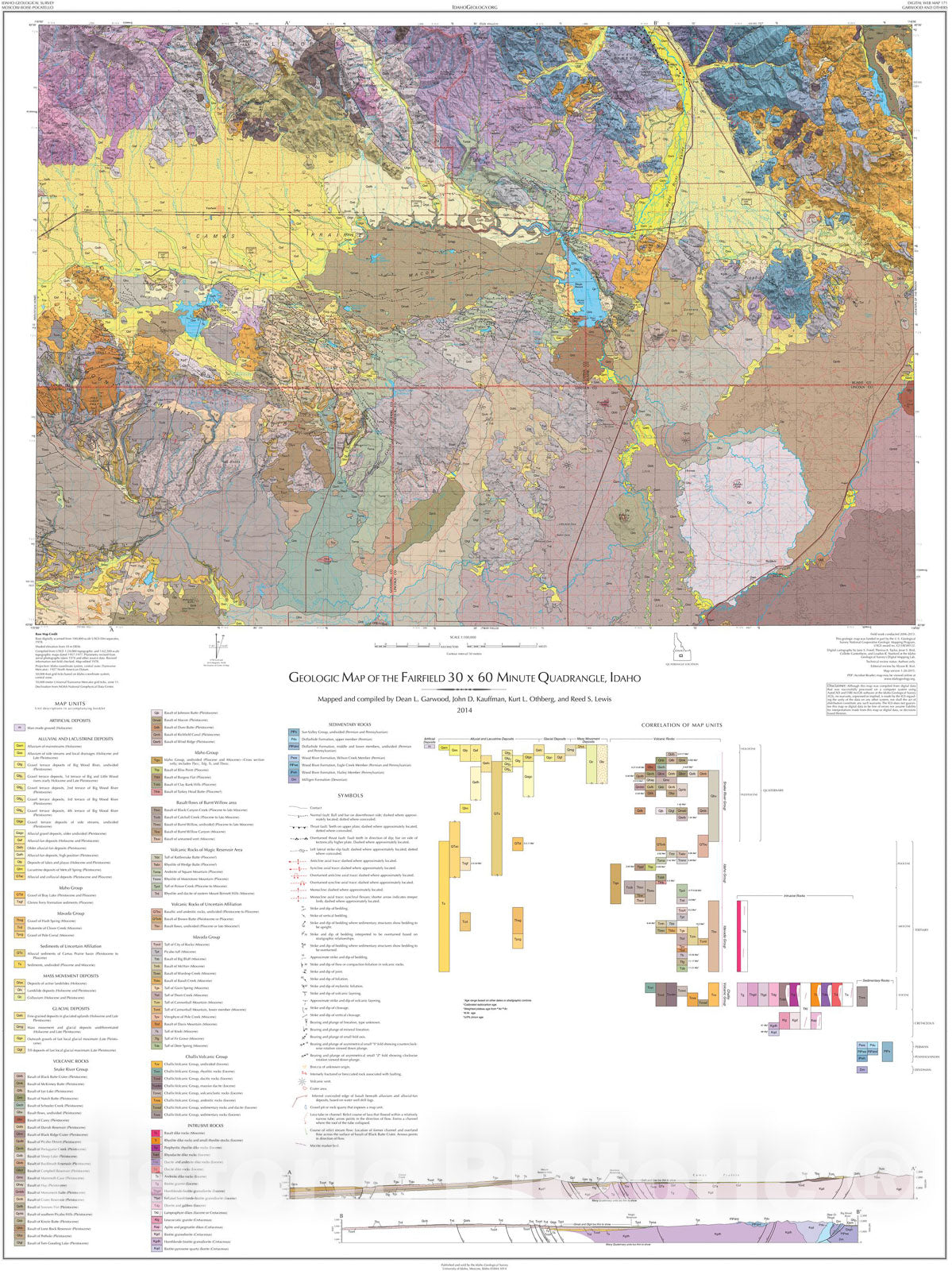 Map : Geologic Map of the Fairfield thirty x sixty Minute Quadrangle, Idaho, 2014 Cartography Wall Art :