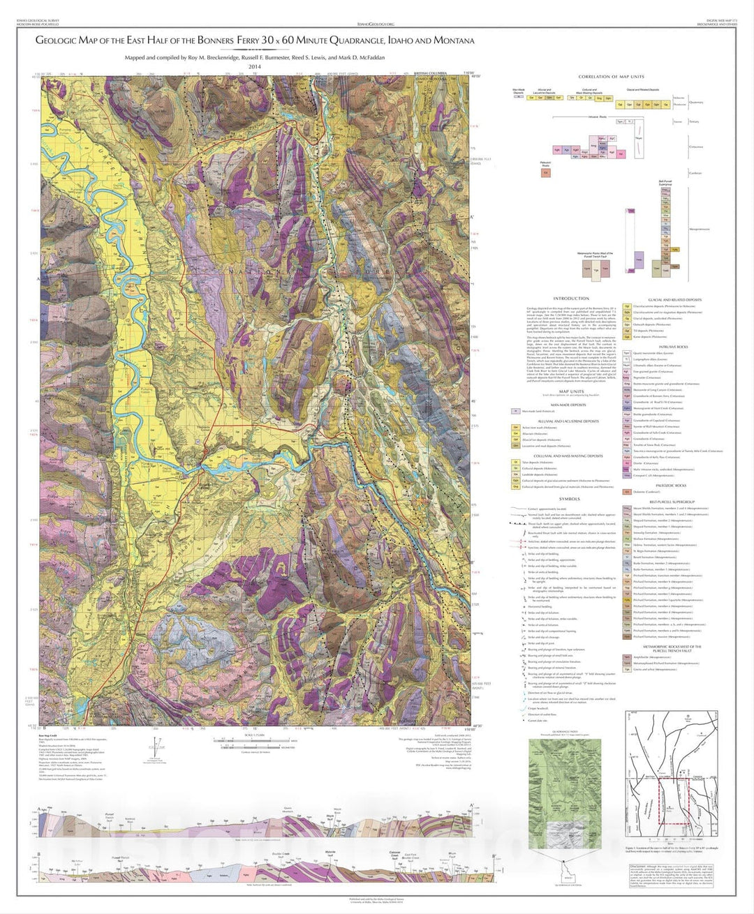 Map : Geologic Map of the East Half of the Bonners Ferry thirty x sixty Minute Quadrangle, Idaho and Montana, 2014 Cartography Wall Art :