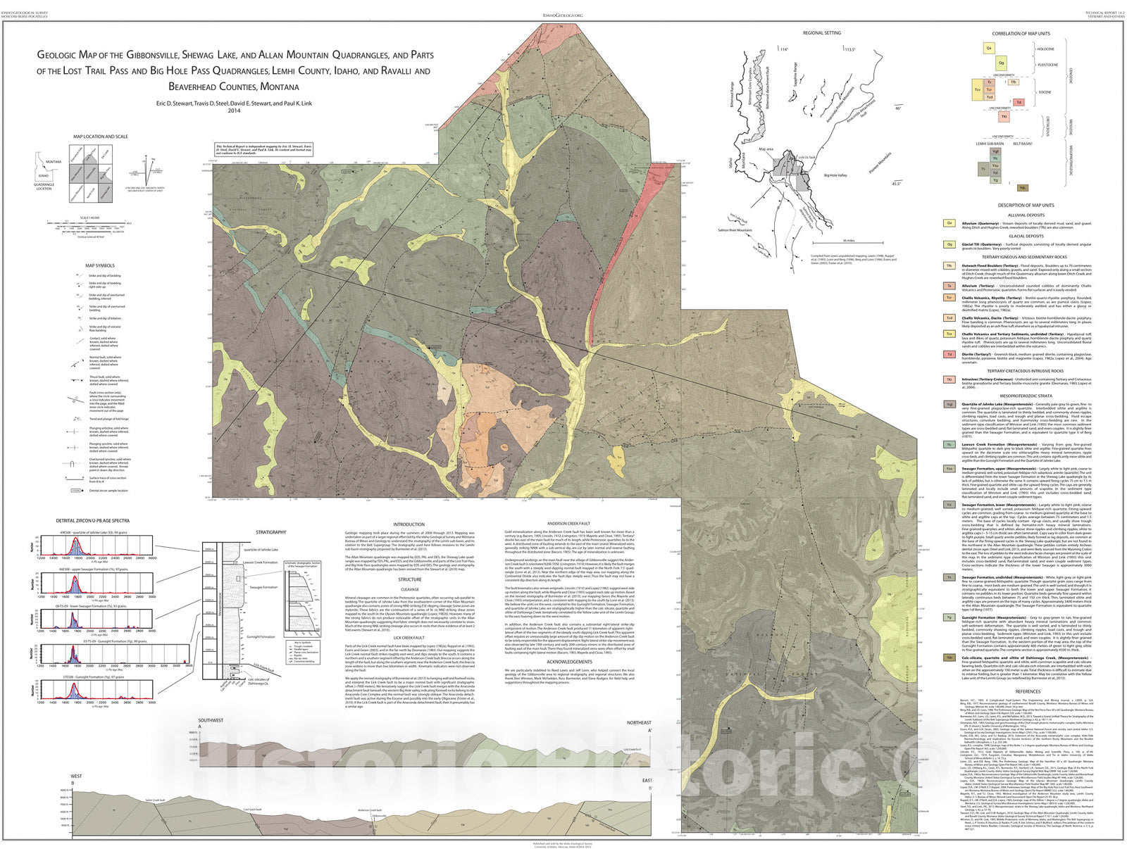 Map : Geologic Map of Gibbonsville, Shewag Lake, and Allan Mountain Quadrangles, and Parts of the Lost Trail Pass and Big Hole Pass Quad, 2014 Cartography Wall Art :