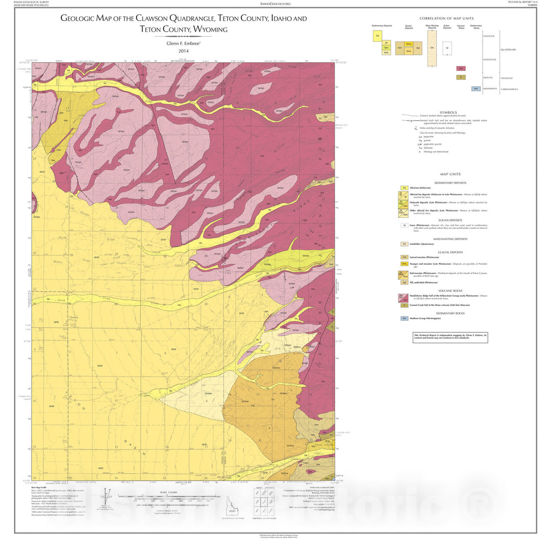 Map : Geologic Map of the Clawson Quadrangle, Teton County, Idaho and Teton County, Wyoming, 2014 Cartography Wall Art :