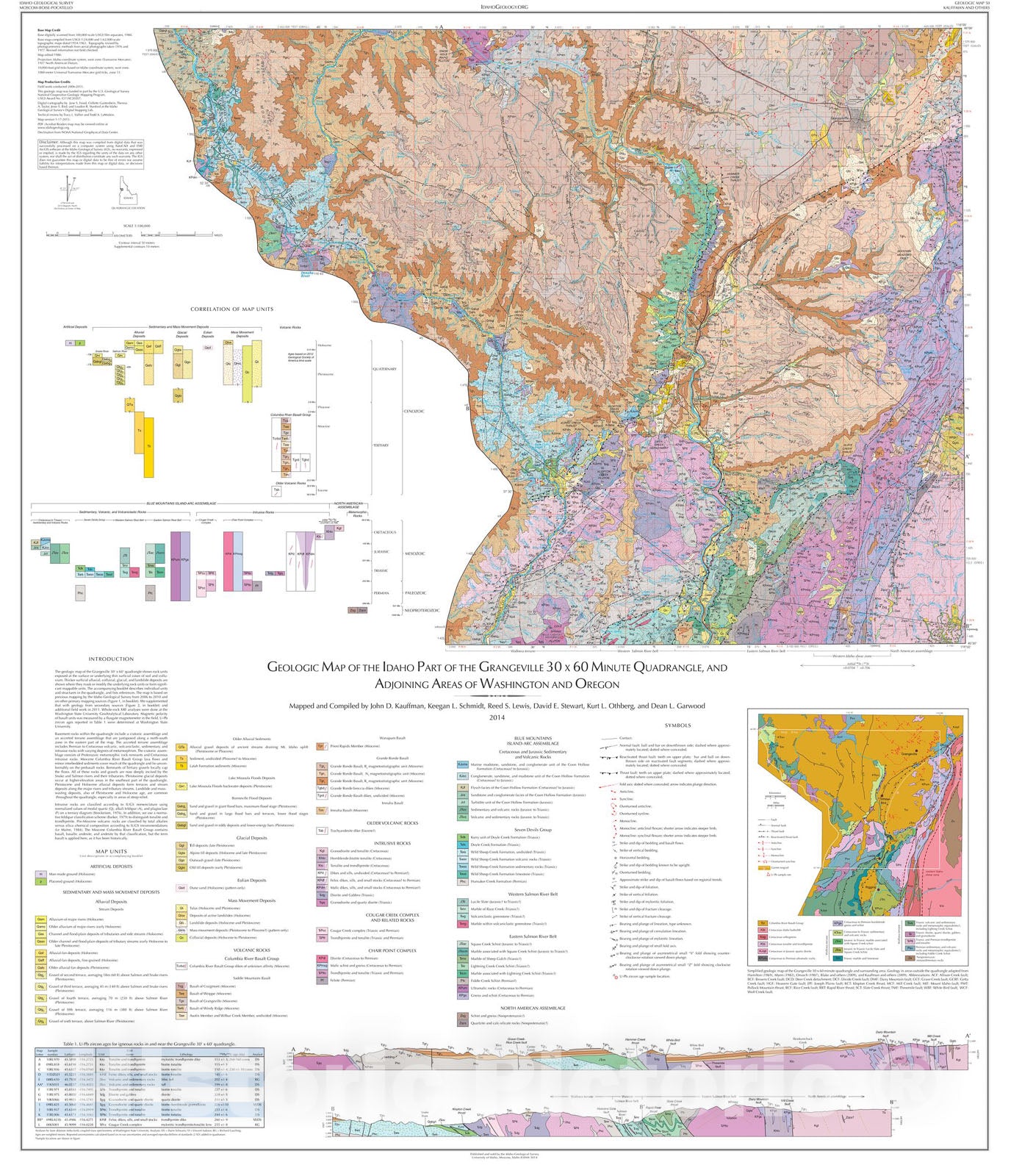 Map : Geologic Map of the Idaho Part of the Grangeville thirty x sixty Minute Quadrangle, and Adjoining Areas of Oregon and Washington, 2014 Cartography Wall Art :