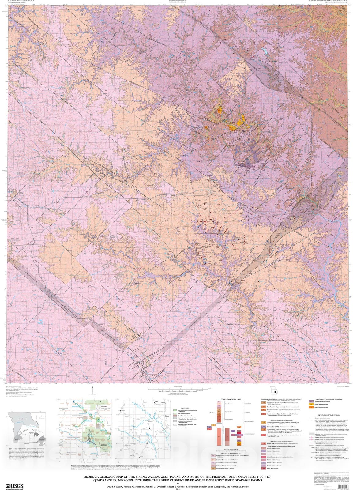 Map : Bedrock geologic map of the Spring Valley, West Plains, and parts of the Piedmont and Poplar Bluff 30' x 60' quadrangles, Missouri, 2015 Cartography Wall Art :