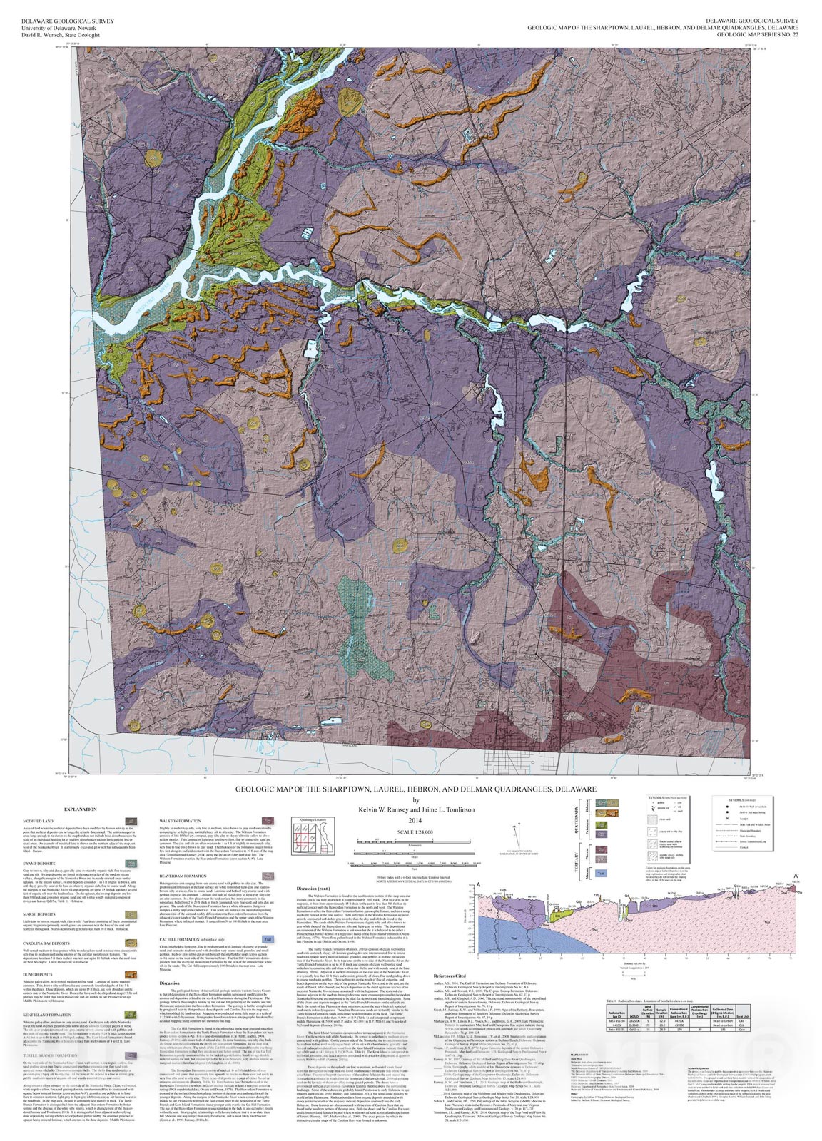 Map : Geologic map of the Sharptown, Laurel, Hebron, and Delmar quadrangles, Delaware, 2014 Cartography Wall Art :