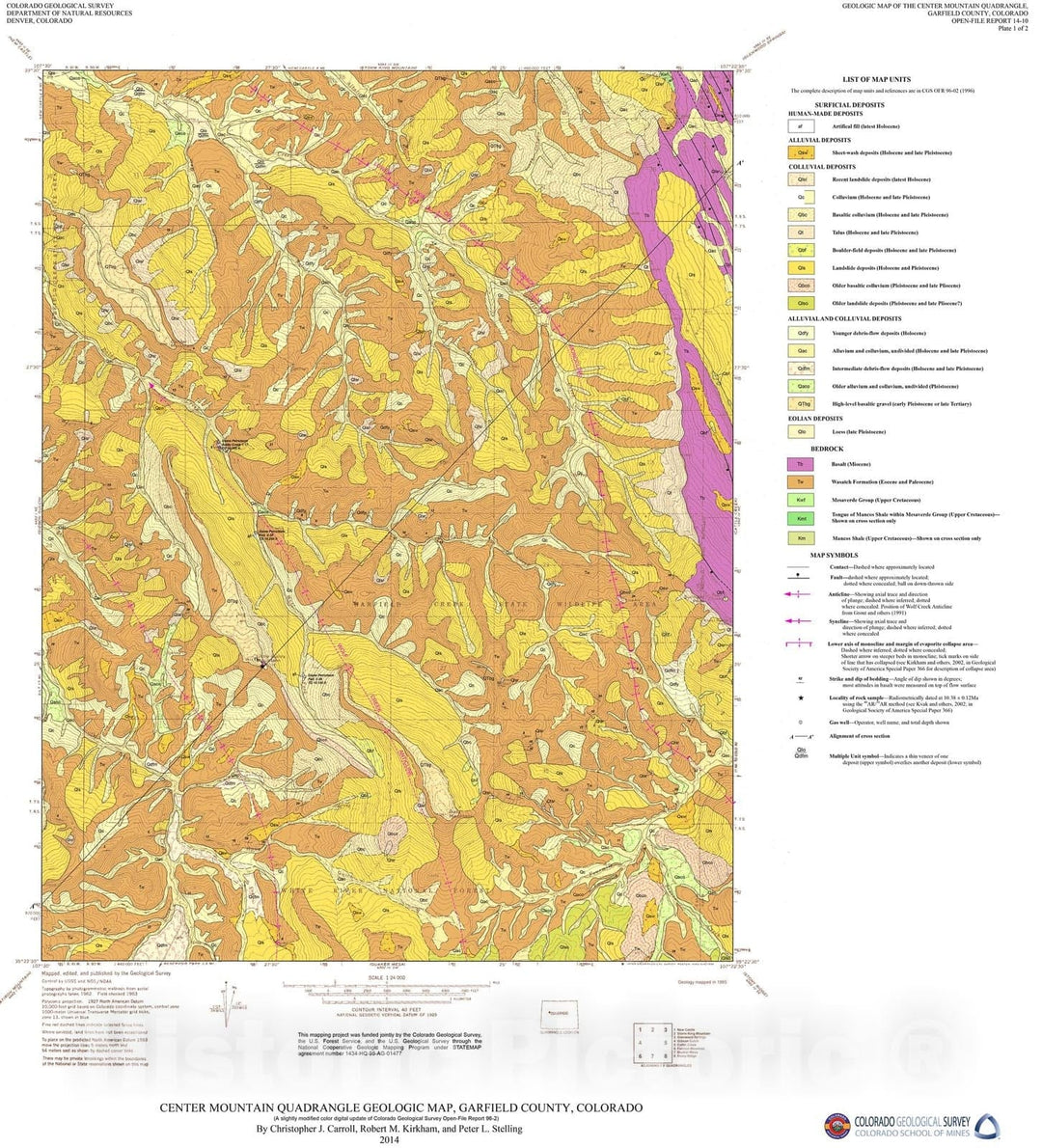 Map : Geologic Map of the Center Mountain quadrangle, Garfield County, Colorado, 2014 Cartography Wall Art :