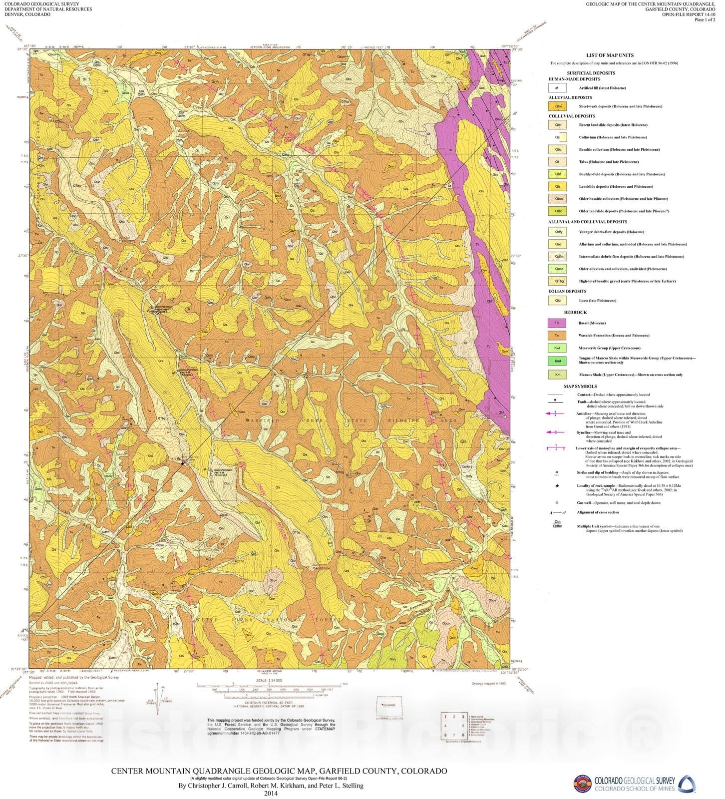 Map : Geologic Map of the Center Mountain quadrangle, Garfield County, Colorado, 2014 Cartography Wall Art :