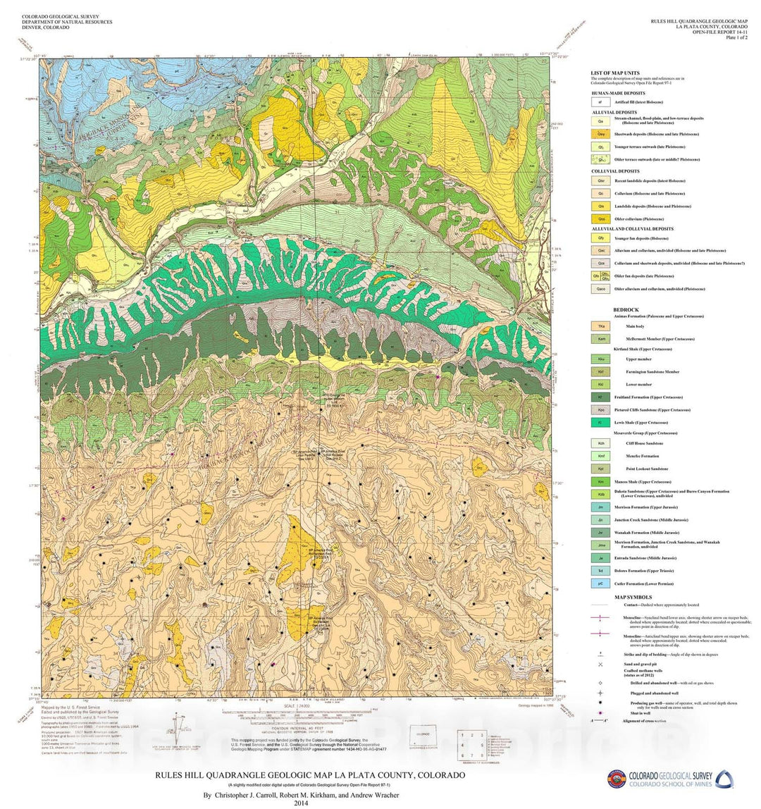 Map : Geologic Map of the Rules Hill quadrangle, La Plata County, Colorado, 2014 Cartography Wall Art :