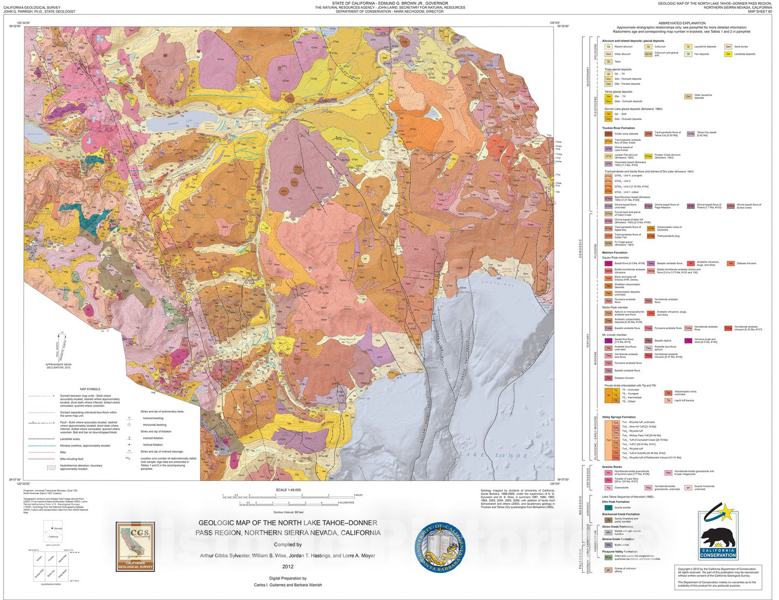 Map : Geologic Map of the North Lake Tahoe-Donner Pass Region, Northern Sierra Nevada, California, 2012 Cartography Wall Art :