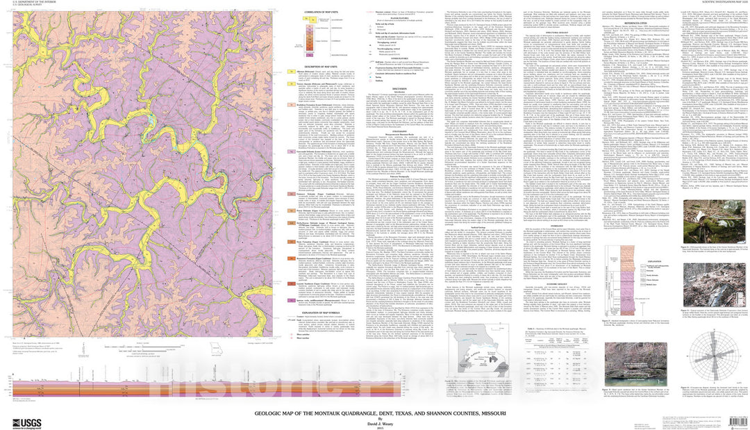 Map : Geologic map of the Montauk quadrangle, Dent, Texas, and Shannon Counties, Missouri, 2015 Cartography Wall Art :