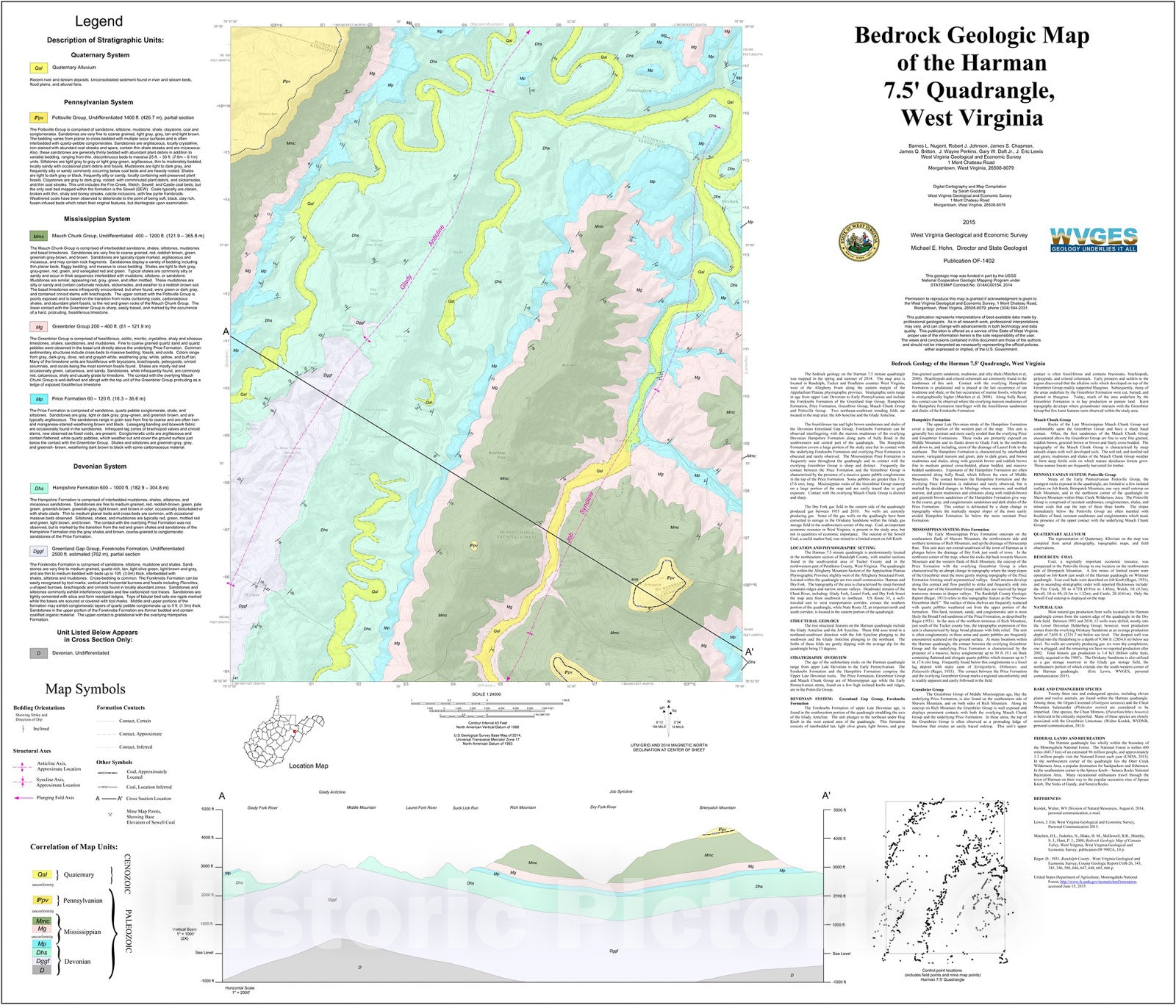 Map : Bedrock Geologic Map of the Harman 7.5' Quadrangle, West Virginia, 2015 Cartography Wall Art :