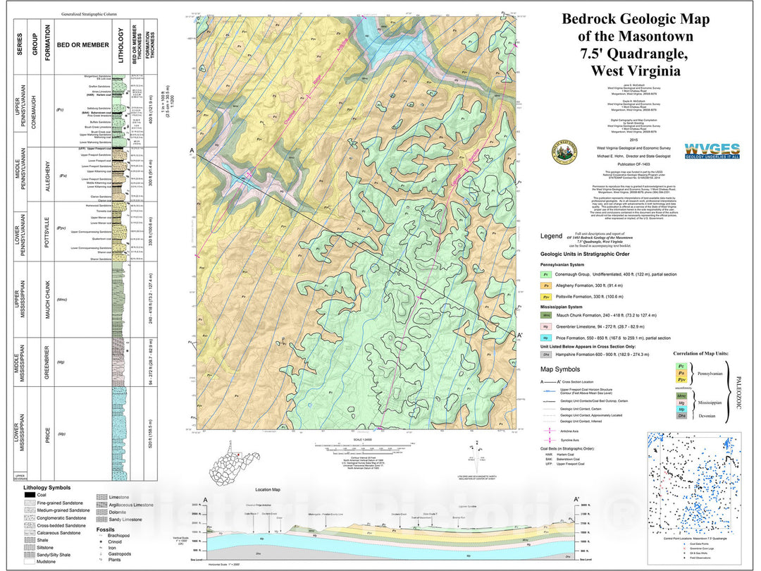 Map : Bedrock Geologic Map of the Masontown 7.5' Quadrangle, West Virginia, 2015 Cartography Wall Art :