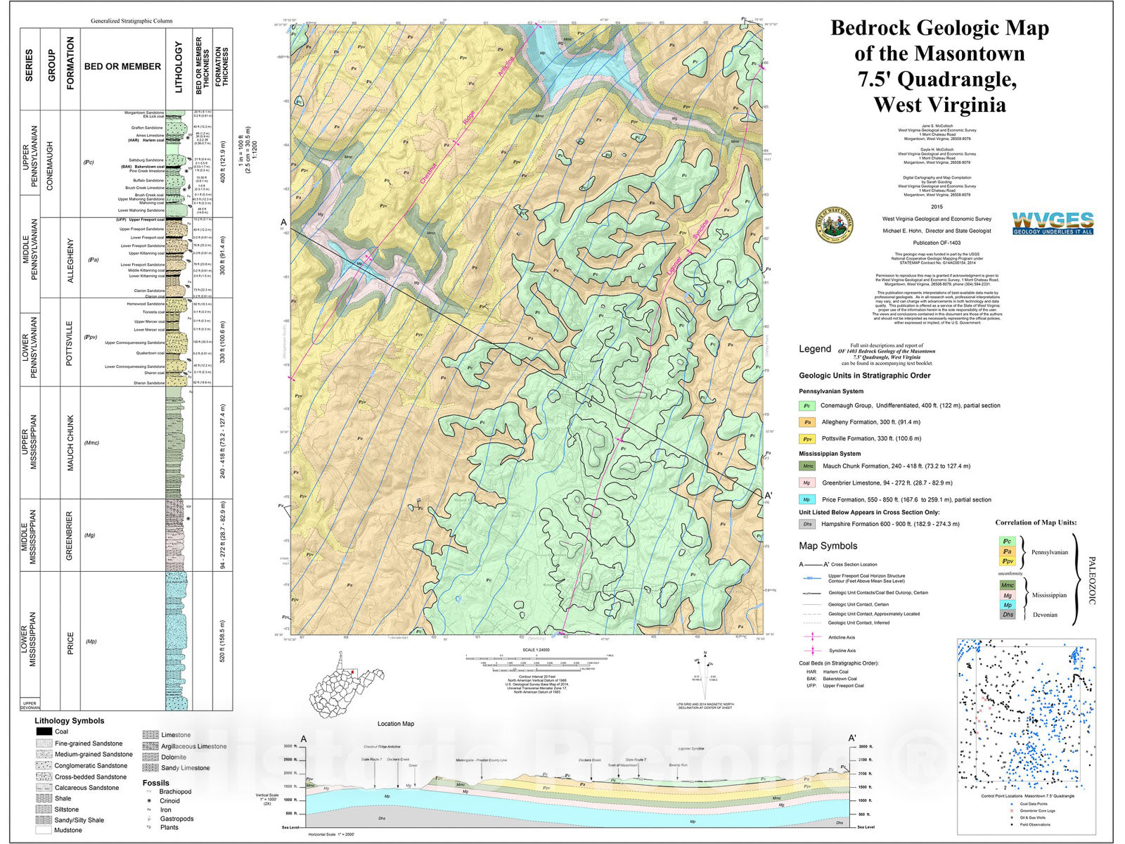 Map : Bedrock Geologic Map of the Masontown 7.5' Quadrangle, West Virginia, 2015 Cartography Wall Art :