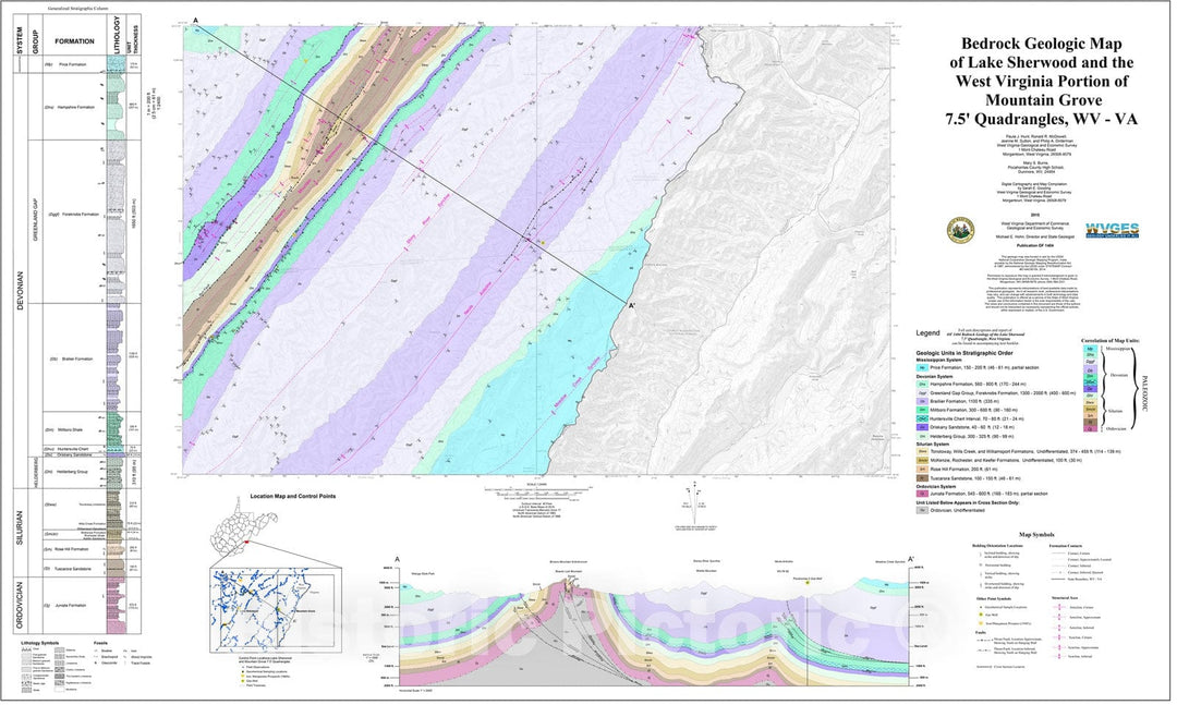 Map : Bedrock Geologic Map of Lake Sherwood and the West Virginia Portion of Mountain Grove 7.5' Quadrangles, WV-VA, 2015 Cartography Wall Art :