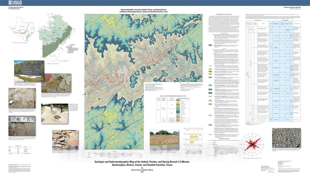 Map : Geologic and hydrostratigraphic map of the Anhalt, Fischer, and Spring Branch 7.5-minute quadrangles, Blanco, Comal, and Kendall Counties, Texas, 2015 Cartography Wall Art :