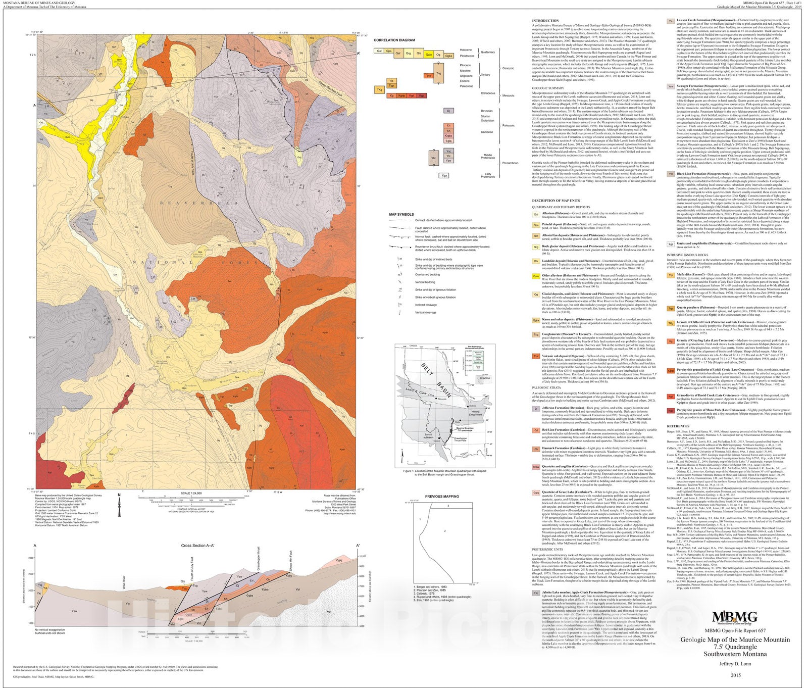 Map : Geologic Map of the Maurice Mountain 7.5' Quadrangle, Southwestern Montana, 2015 Cartography Wall Art :