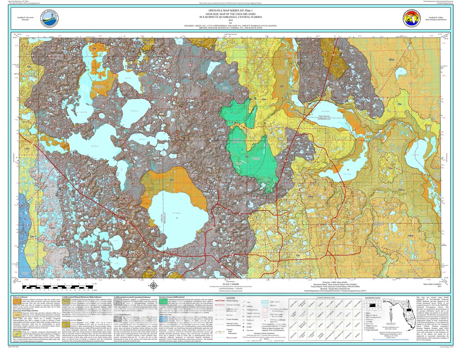 Map : Geologic map of the USGS Orlando thirty x sixty minute quadrangle, central Florida [3 plates], 2015 Cartography Wall Art :