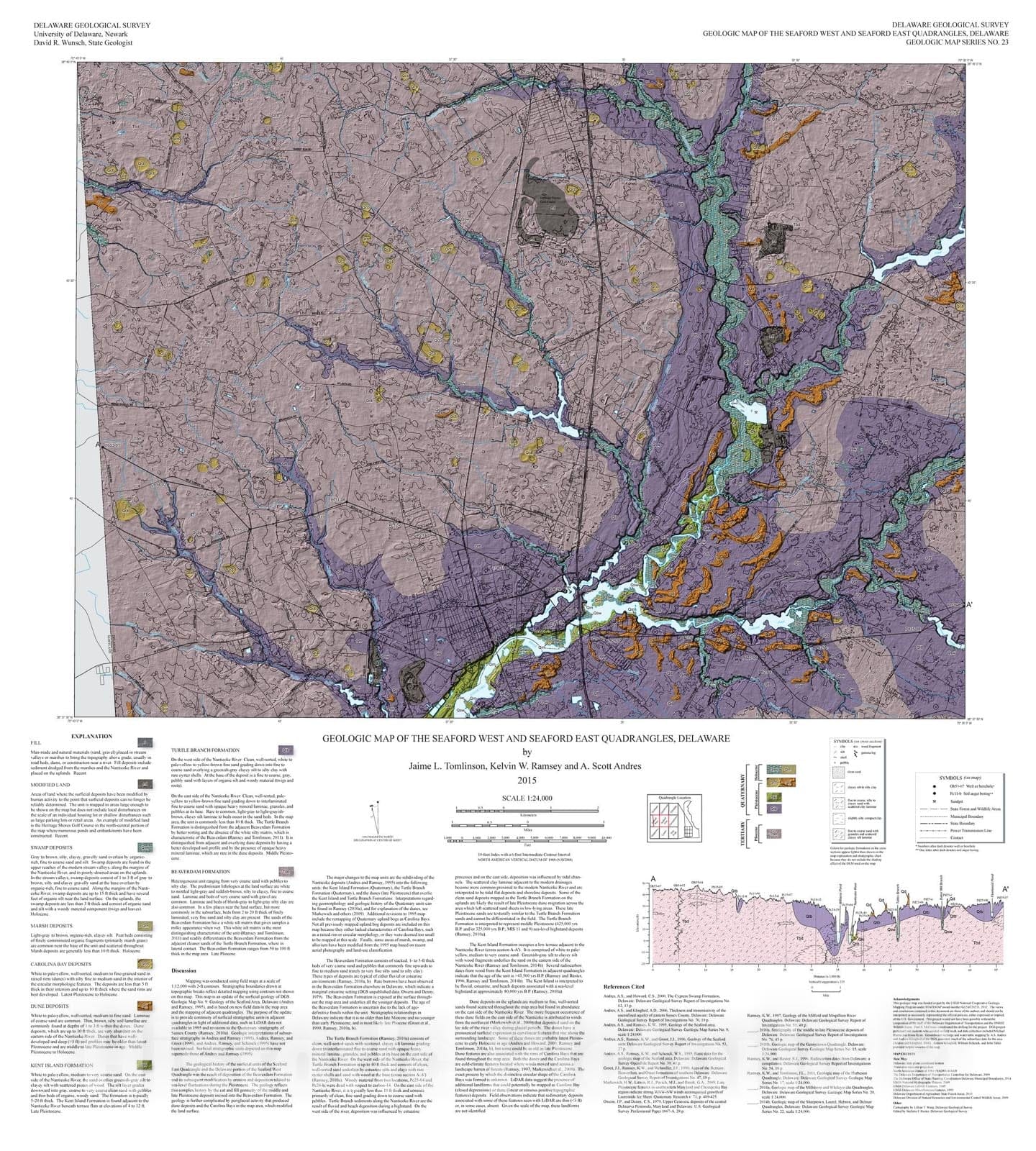 Map : Geologic map of the Seaford West and Seaford East quadrangles, Delaware, 2015 Cartography Wall Art :