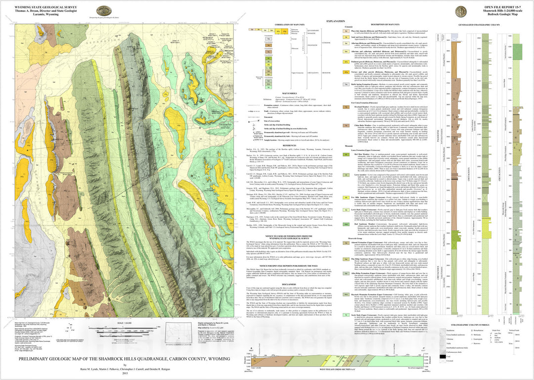 Map : Preliminary Geologic Map of the Shamrock Hills Quadrangle, Carbon County, Wyoming, 2015 Cartography Wall Art :