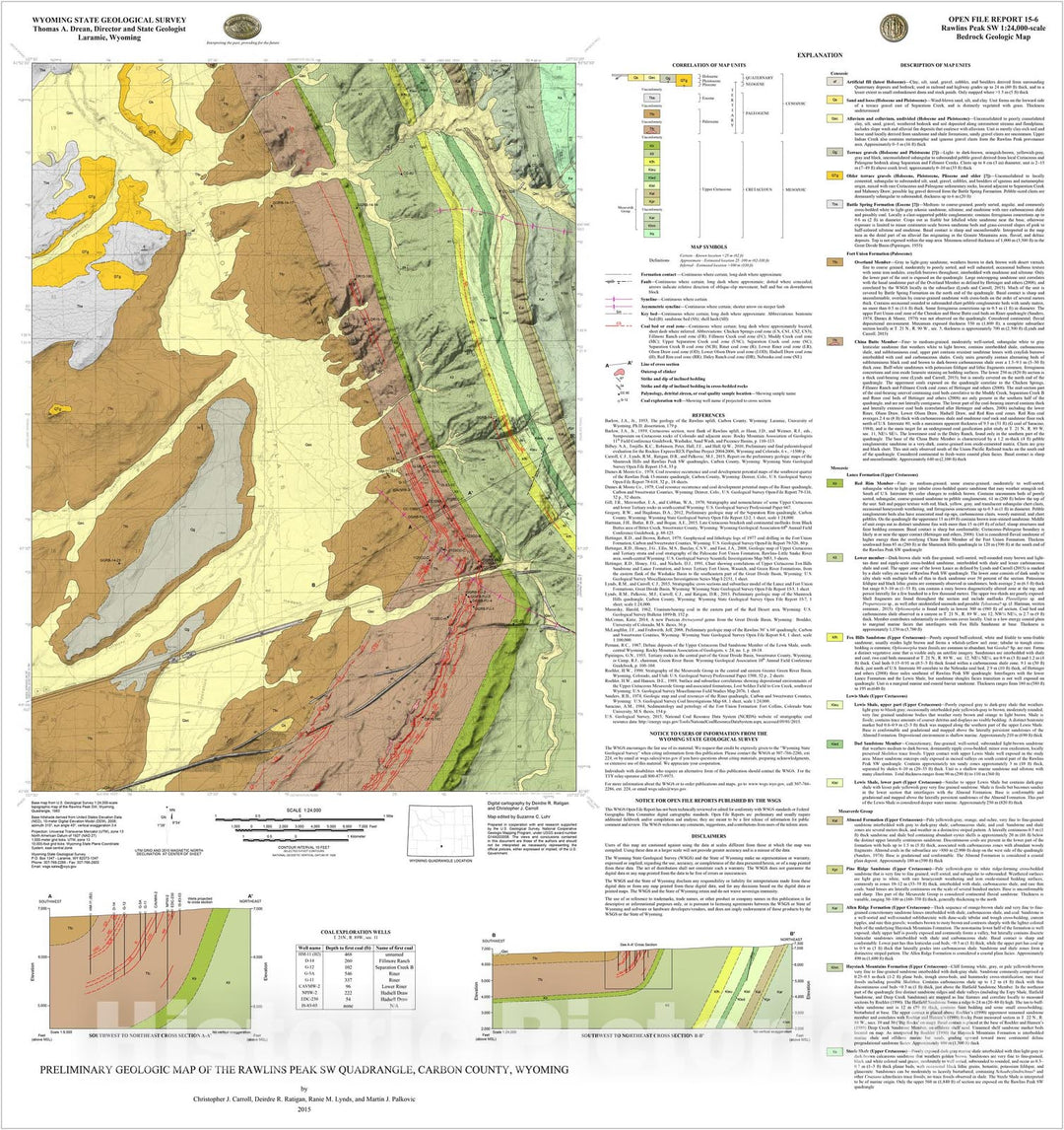 Map : Preliminary Geologic Map of the Rawlins Peak Southwest Quadrangle, Carbon County, Wyoming, 2015 Cartography Wall Art :