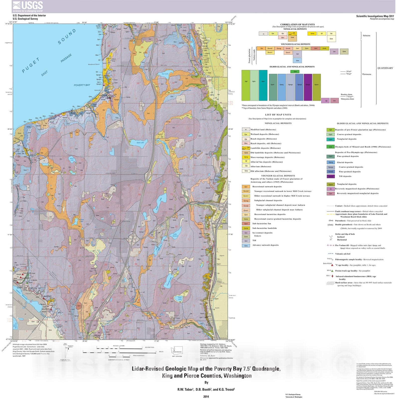 Map : Lidar-revised geologic map of the Poverty Bay 7.5' quadrangle, King and Pierce Counties, Washington, 2014 Cartography Wall Art :