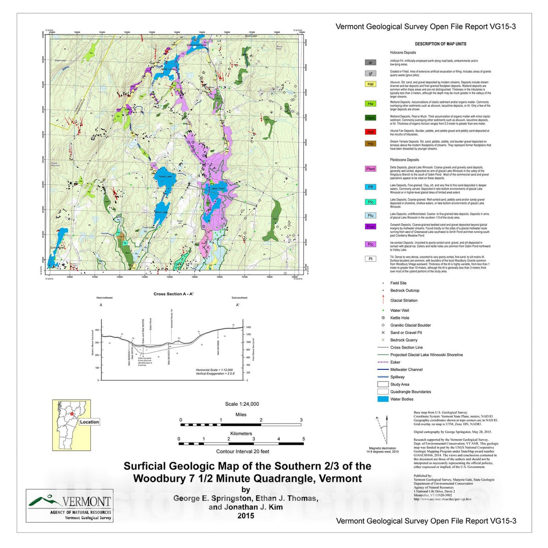 Map : Surficial Geologic Map of the Southern Two-Thirds of the Woodbury seven 1/2 Minute Quadrangle, Vermont, 2015 Cartography Wall Art :