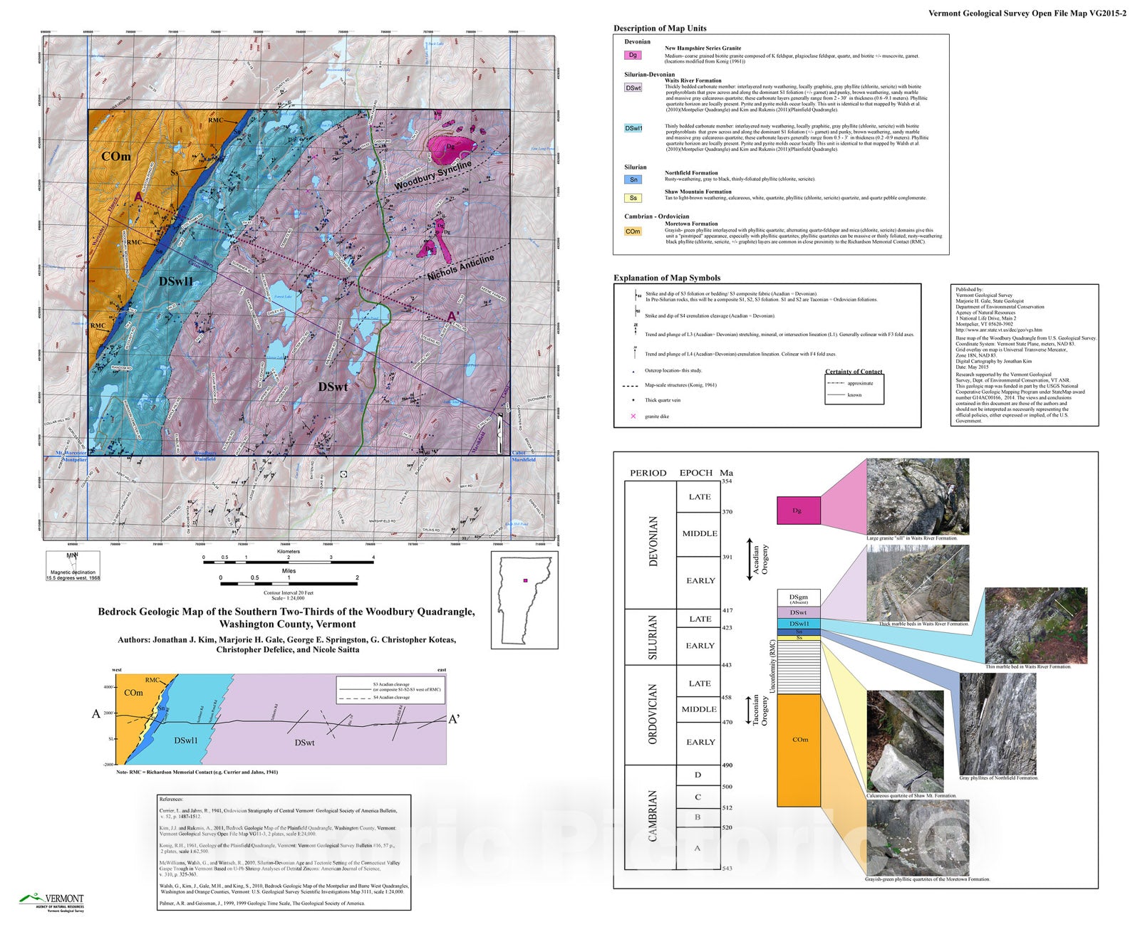 Map : Bedrock Geologic Map of the Southern Two-Thirds of the Woodbury Quadrangle, Vermont, Washington County, 2015 Cartography Wall Art :