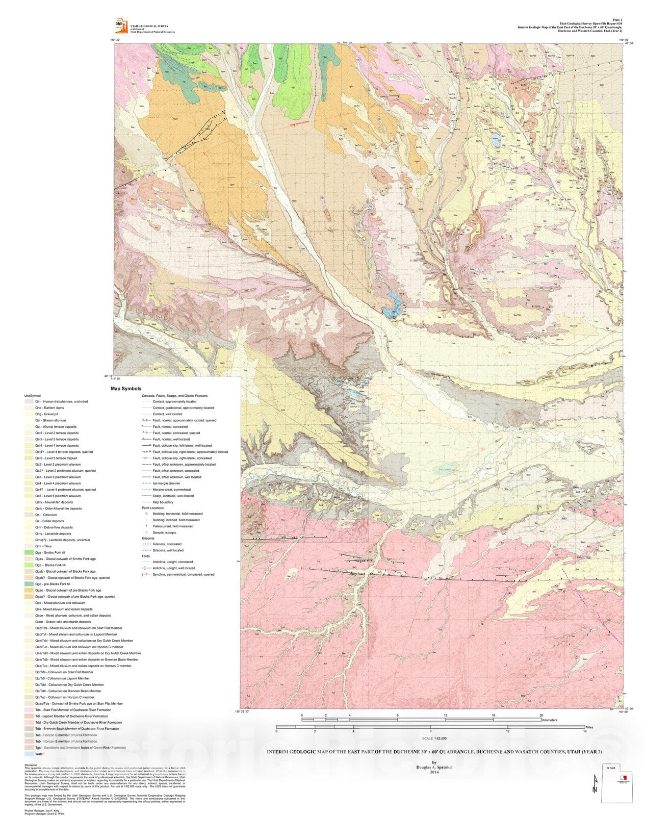 Map : Interim geologic map of the east part of the Duchesne 30' x 60' quadrangle, Duchesne and Wasatch Counties, Utah (Year 2), 2014 Cartography Wall Art :