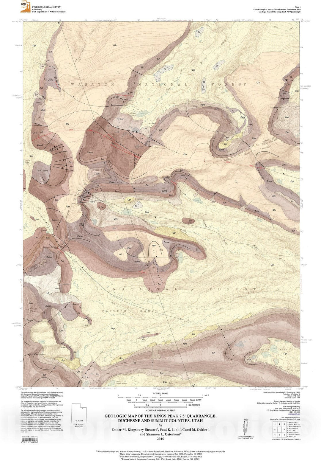 Map : Geologic map of the Kings Peak 7.5-Minute quadrangle, Duchesne and Summit Counties, Utah, 2015 Cartography Wall Art :