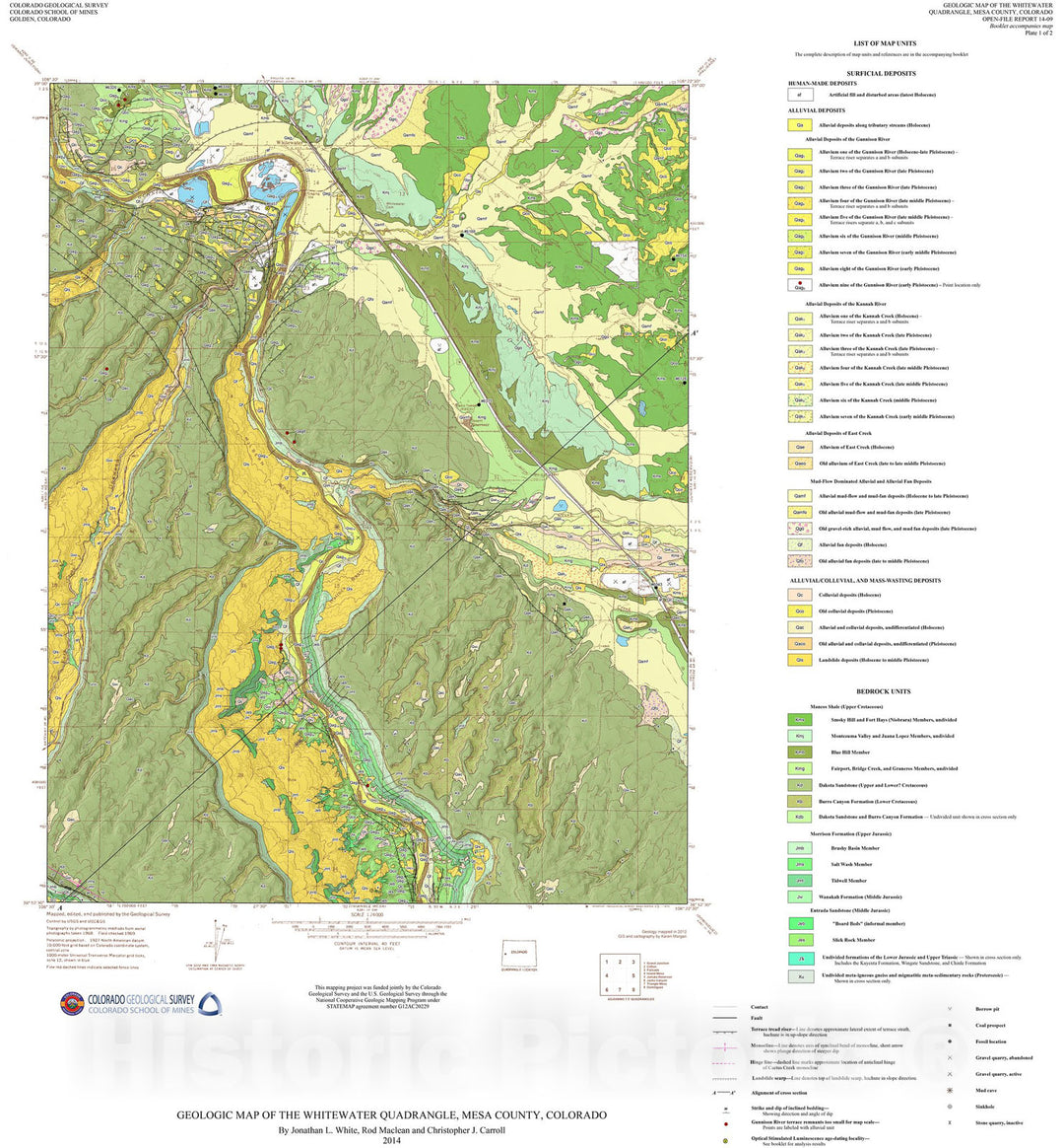 Map : Geologic Map of the Whitewater Quadrangle, Mesa County, Colorado, 2014 Cartography Wall Art :