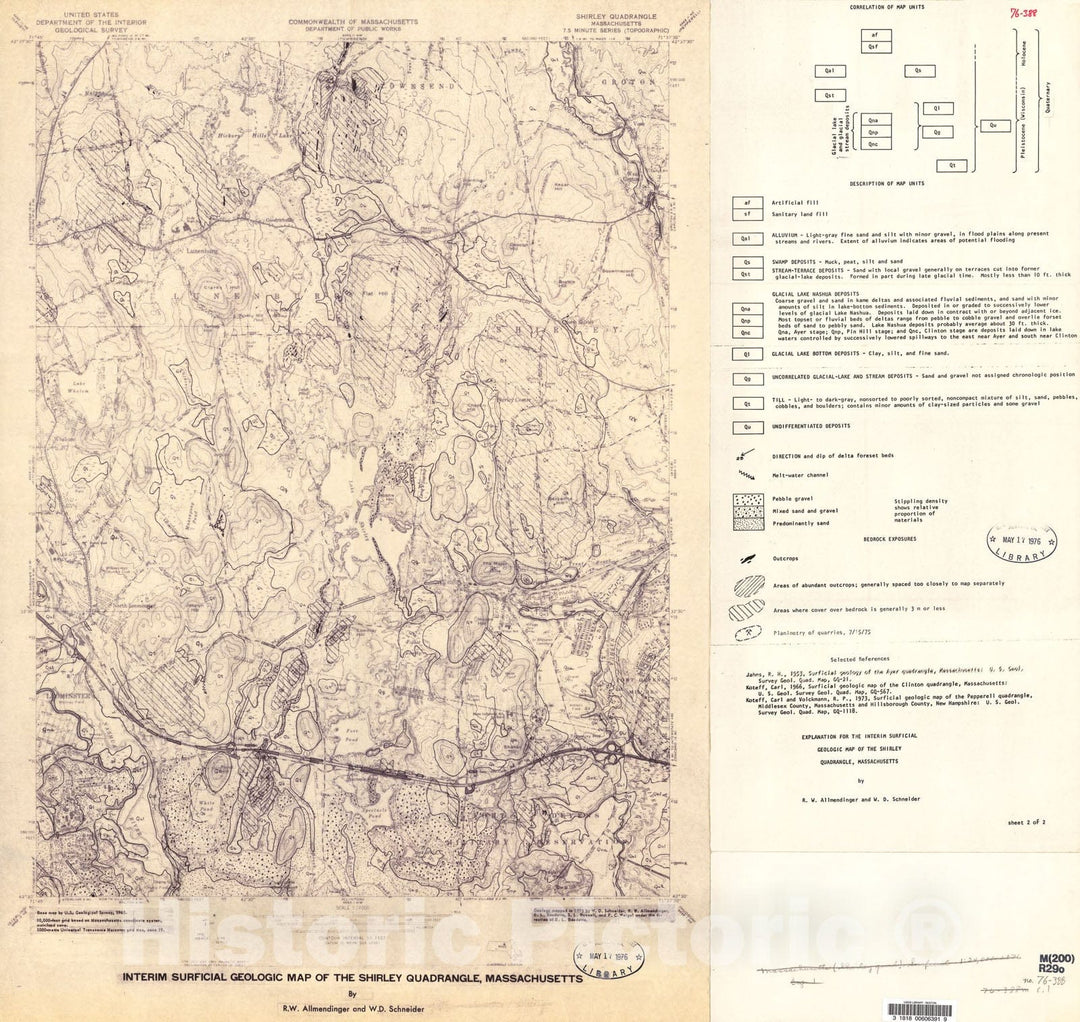 Map : Interim surficial geologic map of the Shirley quadrangle, Massachusetts, 1976 Cartography Wall Art :