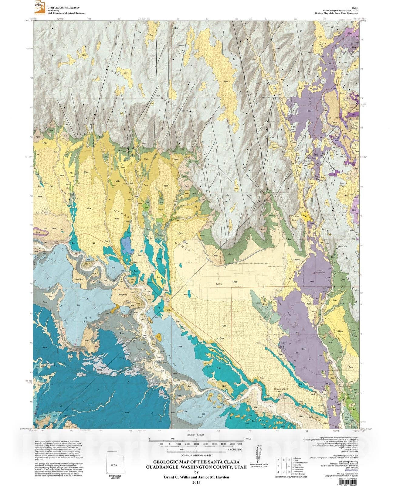 Map : Geologic map of the Santa Clara quadrangle, Washington County, Utah, 2015 Cartography Wall Art :