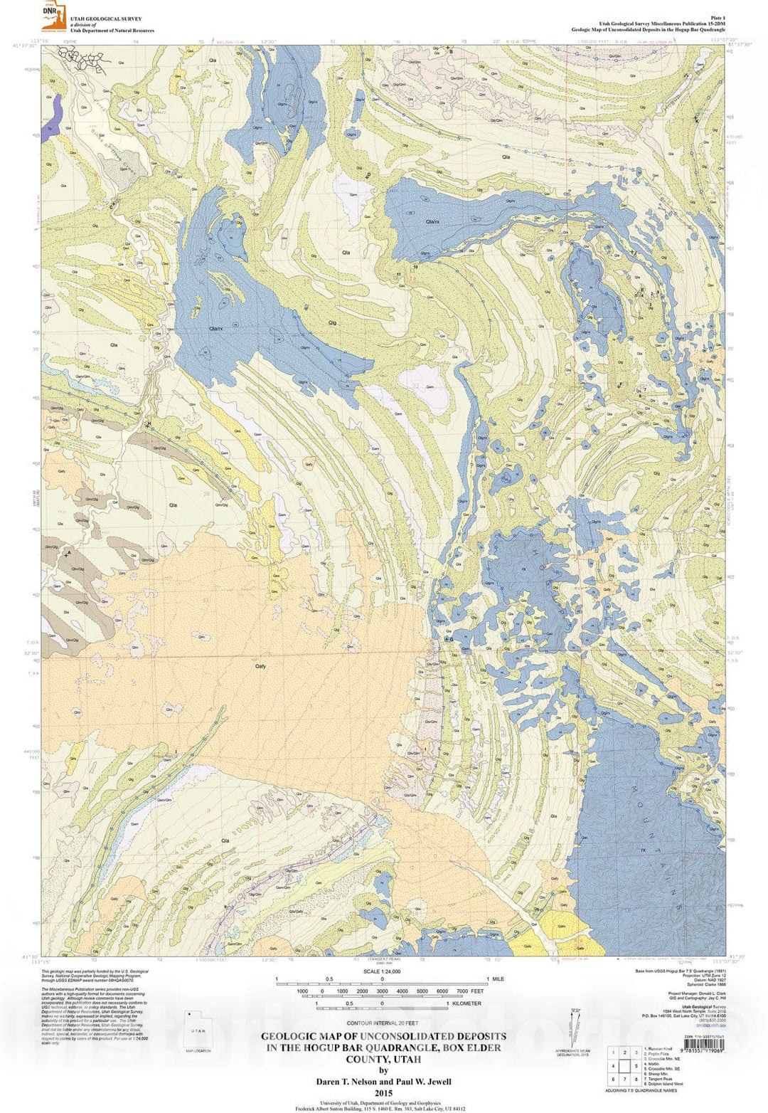 Map : Geologic map of unconsolidated deposits in the Hogup Bar quadrangle, Box Elder County, Utah, 2015 Cartography Wall Art :