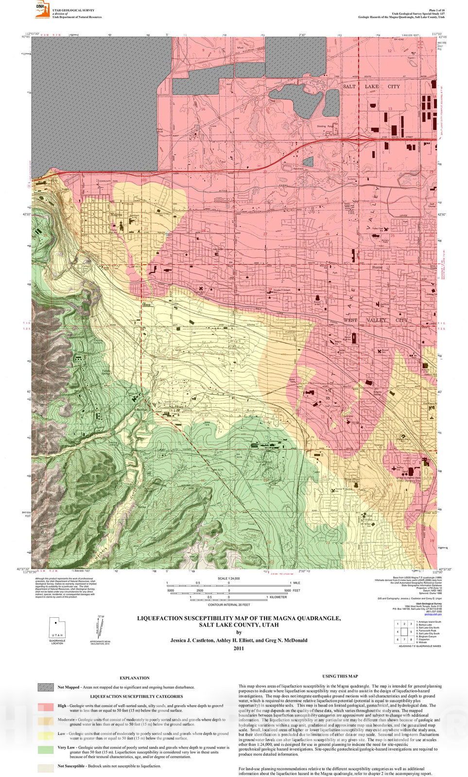 Map : Liquefaction susceptibility map of the Magna quadrangle, Salt Lake County, Utah, 2011 Cartography Wall Art :