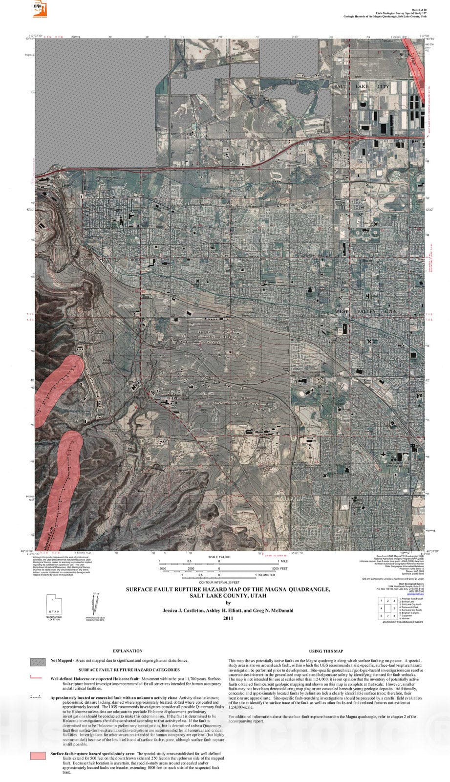 Map : Surface fault rupture hazard map of the Magna quadrangle, Salt Lake County, Utah, 2011 Cartography Wall Art :