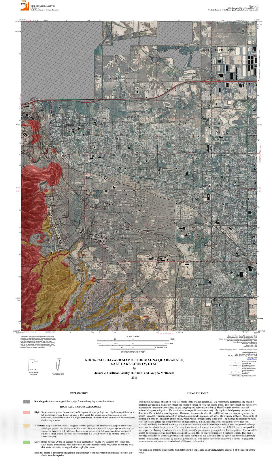 Map : Rock-fall hazard map of the Magna quadrangle, Salt Lake County, Utah, 2011 Cartography Wall Art :