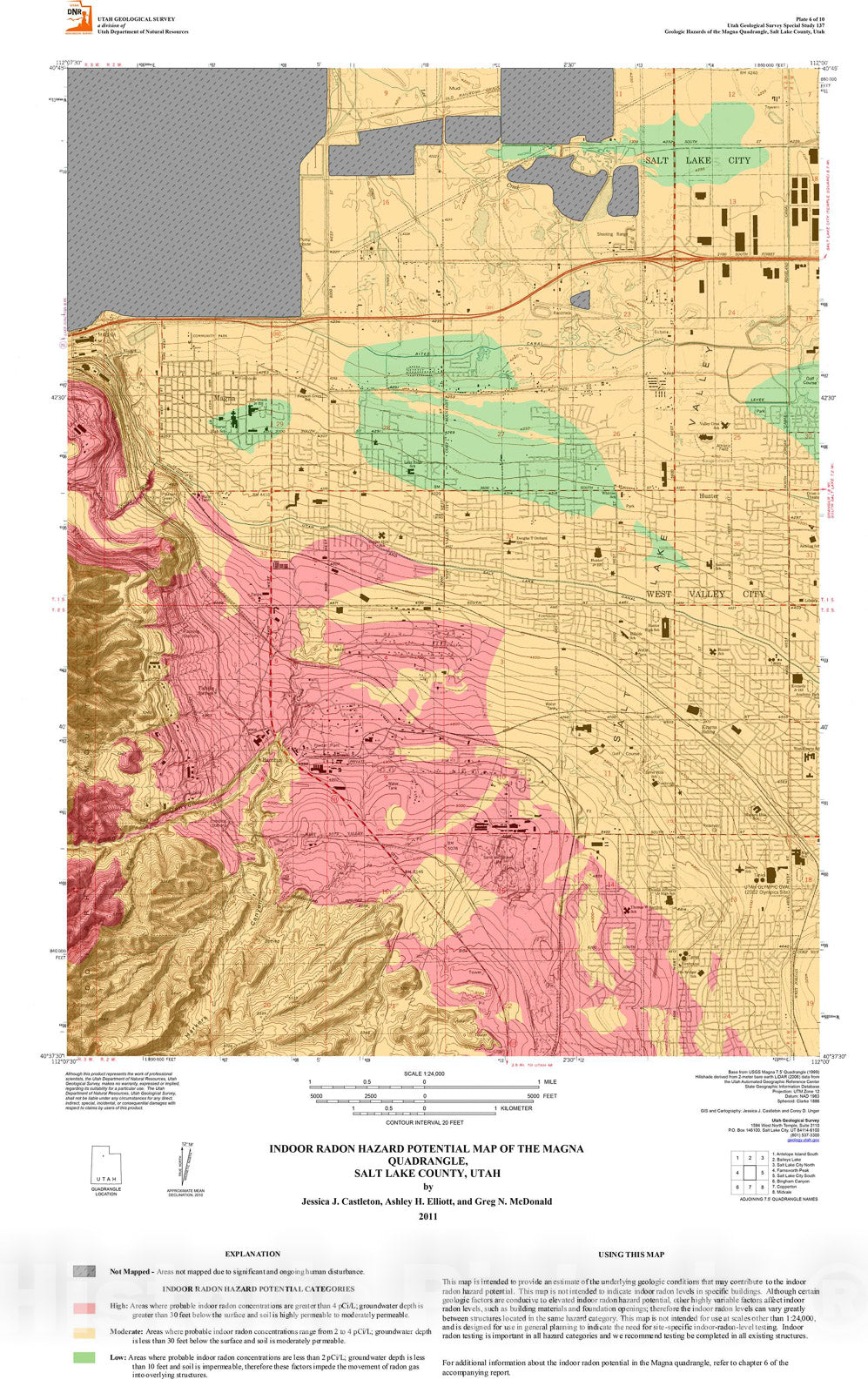 Map : Indoor radon hazard potencial map of the Magna quadrangle, Salt Lake County, Utah, 2011 Cartography Wall Art :