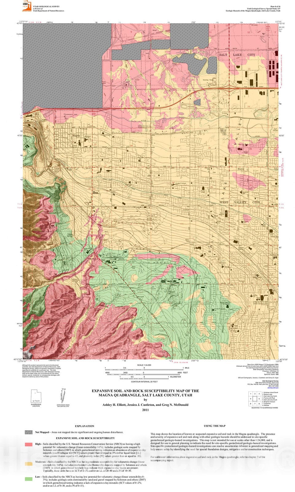 Map : Expansive soil and rock susceptibility of the Magna quadrangle, Salt Lake County, Utah, 2011 Cartography Wall Art :