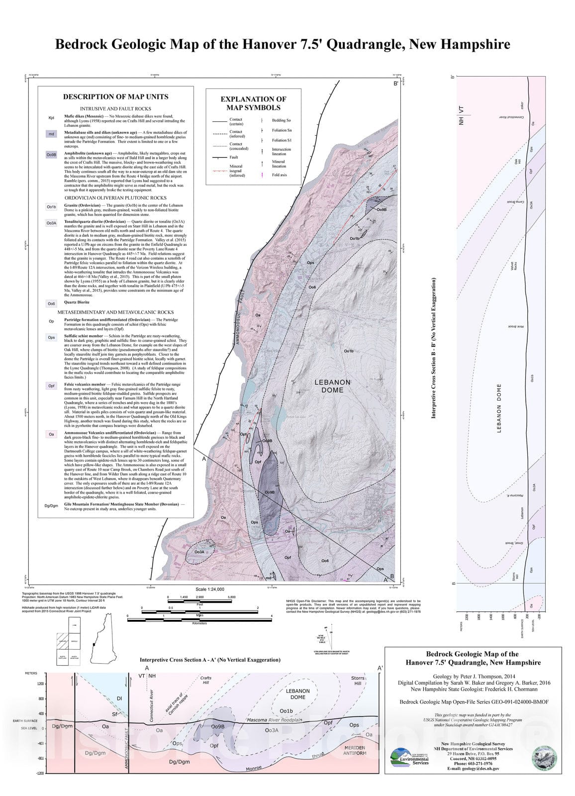 Map : Bedrock geologic map of the Hanover 7.5' quadrangle, New Hampshire, 2016 Cartography Wall Art :