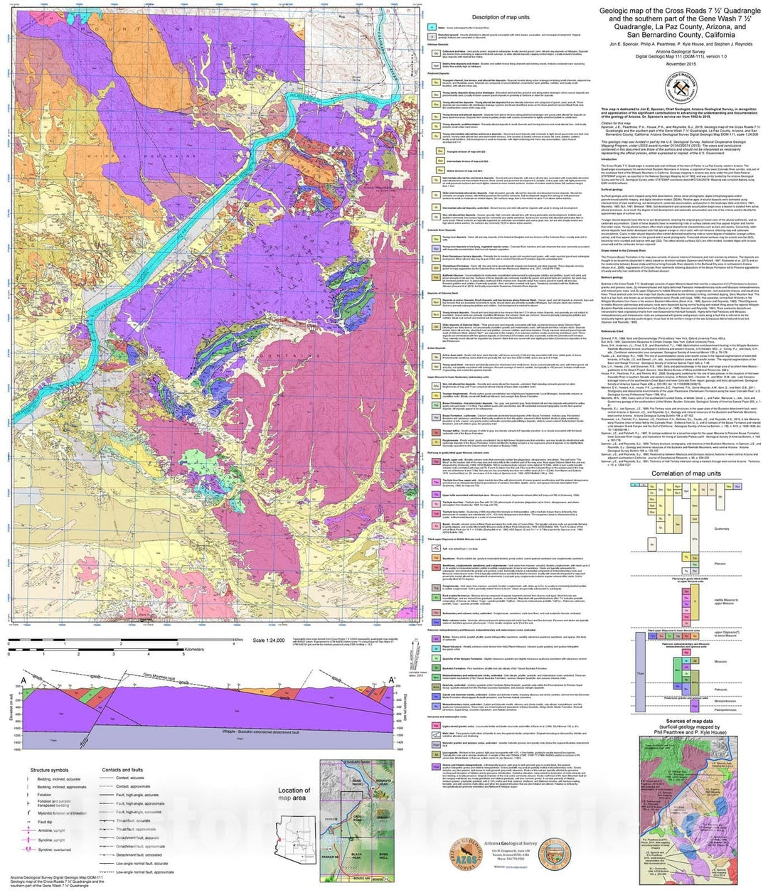 Map : Geologic map of the Cross Roads seven 1/2' Quadrangle and the southern part of the Gene Wash seven 1/2' Quadrangle, La Paz County, Arizona, 2015 Cartography Wall Art :