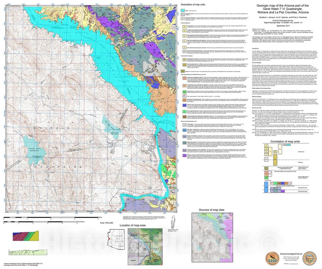 Map : Geologic map of the Arizona part of the Gene Wash seven 1/2' Quadrangle, Mohave and La Paz Counties, Arizona, 2015 Cartography Wall Art :